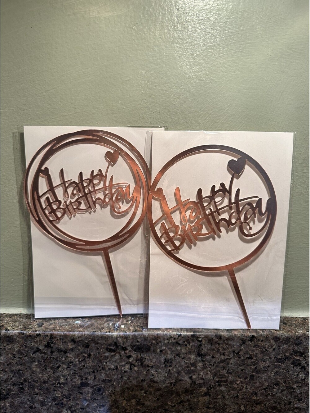 Rose Gold Acrylic Happy Birthday Cake Topper Round Party Decoration Set of 2